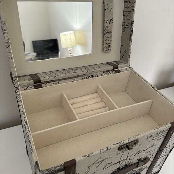 Large French Velvet Lined Jewelry Box Canvas Love Leather Paris Mirror Storage - Picture 5 of 11